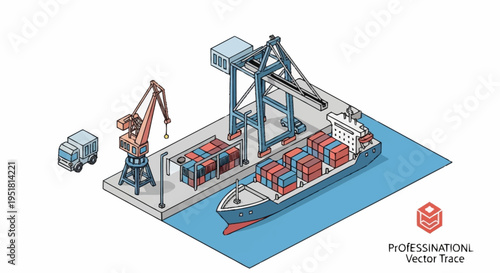 Isometric illustration of a busy shipping port with a cargo ship being loaded by cranes and a truck nearby.