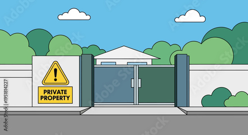 A colorful cartoon illustration depicts a gated private property entrance with a warning sign presented as a silhouette high quality professional