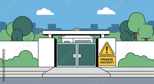 A cartoon illustration depicts a gated entrance with a warning sign and lush foliage featuring a distinct silhouette high quality professional