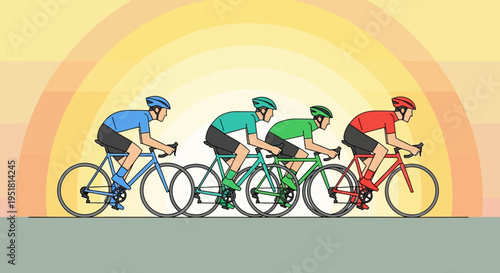 A vibrant illustration depicts four cyclists racing towards the horizon under a colorful arched sky presented as a silhouette high quality