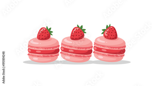 Delicious illustration of three perfectly crafted pink macarons, each beautifully topped with a fresh, ripe strawberry, for a sweet treat.