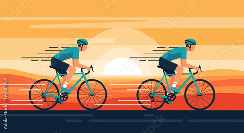 Two cyclists race side by side against a vibrant sunset background depicted in a striking silhouette high quality professional detailed modern elegant stylish