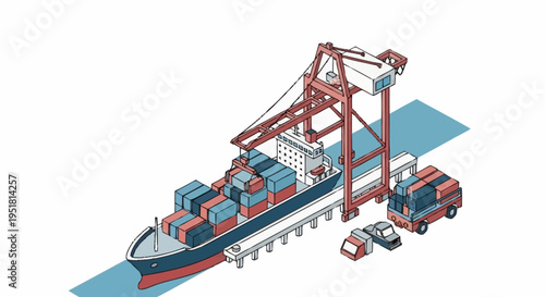 A large cargo ship is being loaded with shipping containers at a busy port by a massive gantry crane, with trucks waiting nearby.