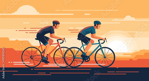 Two cyclists race side by side against a vibrant layered sunset background showcasing a striking silhouette high quality professional detailed modern elegant stylish