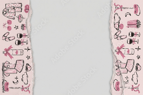Pink Torn Paper Border with Hand-Drawn Doodle Icons Vector Background for Romantic Events, Sales, and Invitations