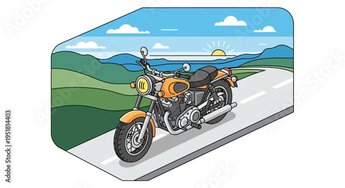 A vibrant cartoon illustration depicts a motorcycle on an open road beneath a glowing sun a striking silhouette high quality professional