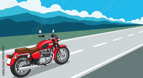 A vibrant red motorcycle travels down a straight highway set against a blue sky and mountain range silhouette high quality professional