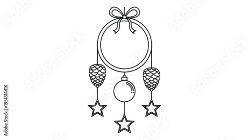 Simple black and white line art illustration of a festive Christmas wreath adorned with pine cones, a round ornament, and twinkling stars.