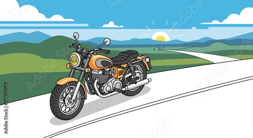 A vibrant illustration depicts a classic motorcycle on an open road under a bright sun presented as a silhouette high quality