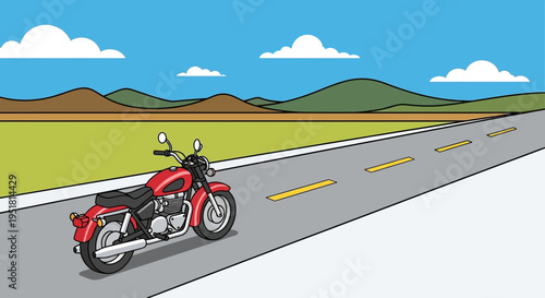 A vibrant illustration depicts a red motorcycle traveling down a highway against a scenic backdrop a flat silhouette high quality