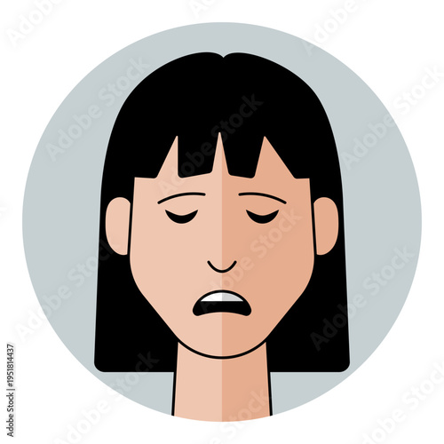 Woman face avatar with closed eyes and sad downcast mouth expression in flat style. Female character portrait with black hair for unhappy emotion, bad mood, icon.