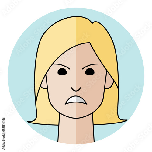 Angry woman avatar portrait icon with frustrated face and frowning mouth expression in flat style. Female character portrait with blond hair for mad emotion, bad mood.