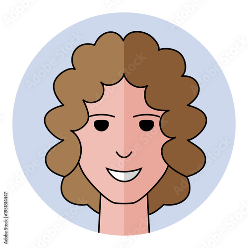 Woman face avatar with brown hair and smiling expression in circular frame. Female character portrait for user profile, social media, and client support icon.