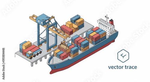 Isometric illustration of a container ship being loaded with cargo at a port by a crane and trucks.