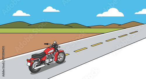 A vibrant illustration depicts a red motorcycle traveling down a highway against a scenic backdrop a striking silhouette high quality professional