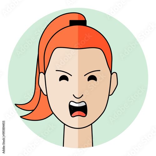 Woman face avatar with screaming mouth and angry eyes expression in circular frame. Female character portrait for rage emotion, shouting, aggressive conflict and alert icon