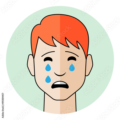 Crying man avatar with tears and sad mouth expression in flat cartoon style. Male character portrait for crying emotion, grief, sorrow and mental health support icon.