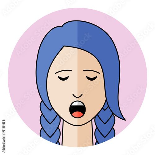 Women flat avatar icon representing fatigue, boredom, burnout, or lack of sleep. Isolated head of a female character with blue hair on a round background.