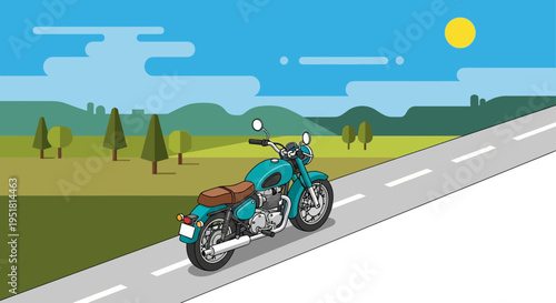 A turquoise motorcycle travels down a winding road amidst rolling hills and a bright sun silhouette high quality professional detailed modern