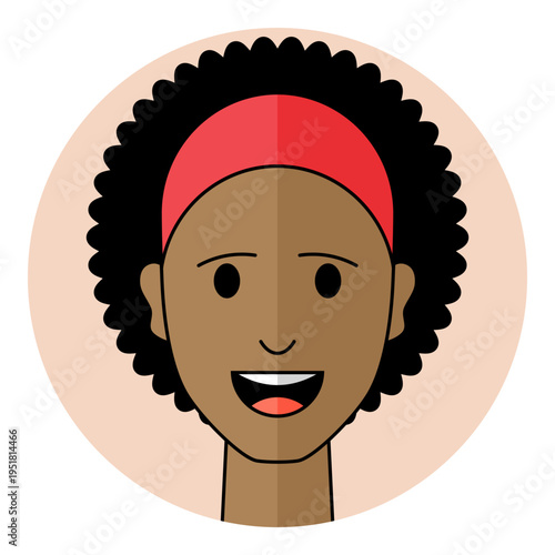 Black woman face avatar with friendly laughing facial expression showing happiness and positive emotion. Female character portrait for diverse user profile, social media.