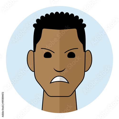 Angry black man avatar portrait icon with frustrated face and frowning mouth expression in flat style. Male character portrait with curly hair for mad emotion, bad mood.