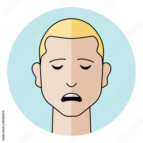 Man face avatar with closed eyes and sad downcast mouth expression in flat style. Male character portrait with blond hair for unhappy emotion, bad mood, icon.