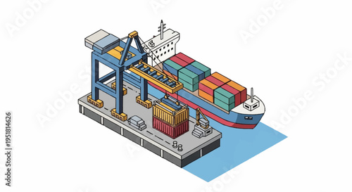 Isometric illustration of a container ship being loaded and unloaded at a modern port with a large gantry crane.