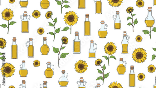 Vibrant seamless pattern featuring a diverse assortment of sunflower oil bottles and blooming sunflowers, perfect for kitchen or food-related designs.