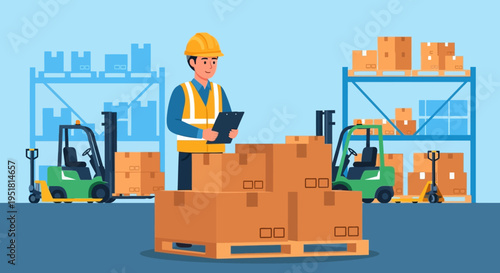 A warehouse worker with a clipboard inspects stacked boxes near forklifts showcasing a flat vector silhouette high quality professional detailed modern