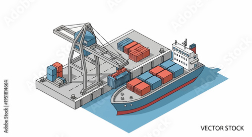 Isometric illustration of a container ship being loaded and unloaded at a port with a large crane.