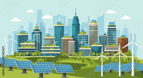 A futuristic cityscape integrates green spaces and renewable energy sources showcasing a sustainable urban environment silhouette high quality professional detailed