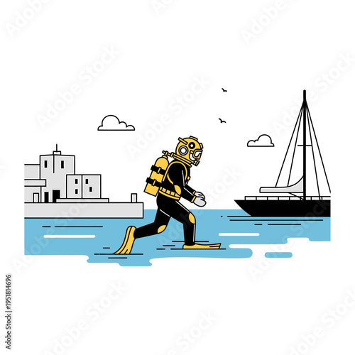 Retro Diver Running By The Sea
