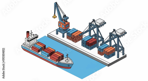 Isometric illustration of a container ship being loaded and unloaded at a busy port with cranes and stacked cargo.
