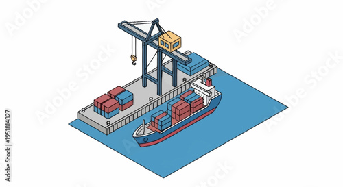 Isometric illustration of a cargo ship being loaded with containers at a port by a large crane.
