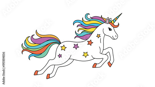 Magical illustration of a white unicorn with a rainbow-colored mane and tail leaping through the air with colorful stars on its flank and body.