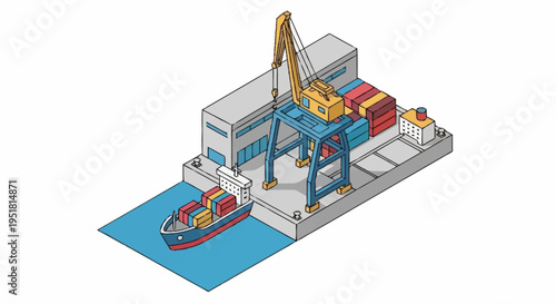 Isometric illustration of a cargo ship being loaded with containers at a port by a large crane.