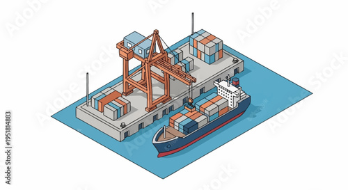 Isometric illustration of a cargo ship being loaded with containers at a modern port facility with a large gantry crane.
