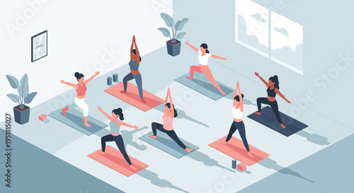 A group of women practice various yoga poses in an isometric room presented as a striking silhouette high quality professional detailed