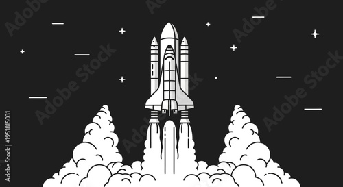 A retro styled rocket ship launches with fiery exhaust against a starry night sky depicted as a bold silhouette high quality professional