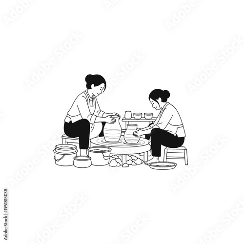 Women Crafting Pottery on Wheels Line Art