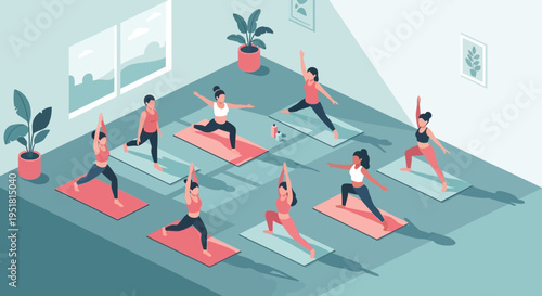 A group of people practice yoga poses in a modern minimalist studio emphasizing health and wellness silhouette high quality professional detailed