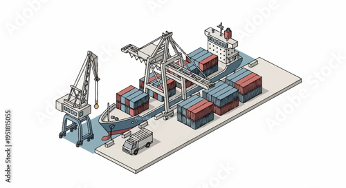 Isometric illustration of a busy shipping port with container cranes loading and unloading cargo ships with shipping containers and a truck.