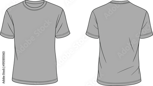 Flat fashion of a plain grey short sleeve t-shirt presented in front and back views for apparel and technical purposes