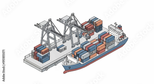 Illustration of a container ship being loaded and unloaded by cranes at a port.