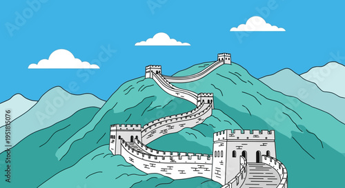 A simplified cartoon depiction of the great wall of china winding through mountainous terrain presented as a silhouette high quality professional