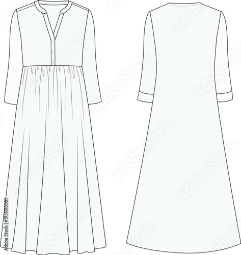 Women's maxi dress fashion flat technical drawing
