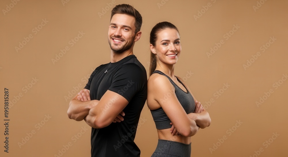 Obraz premium Fit Couple Poses Back to Back Smiling