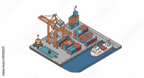 Isometric illustration of a busy shipping port with cranes, containers, and a cargo ship docked at the pier.
