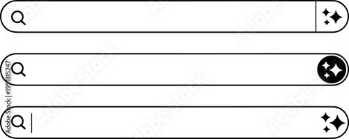 Set of minimalist search bar icons with magnifying glass and sparkle elements clean vector design for web and UI