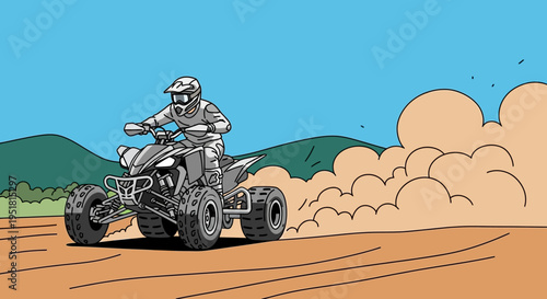 A rider expertly maneuvers an all terrain vehicle through a dusty landscape creating a dynamic illustrative silhouette high quality professional detailed modern